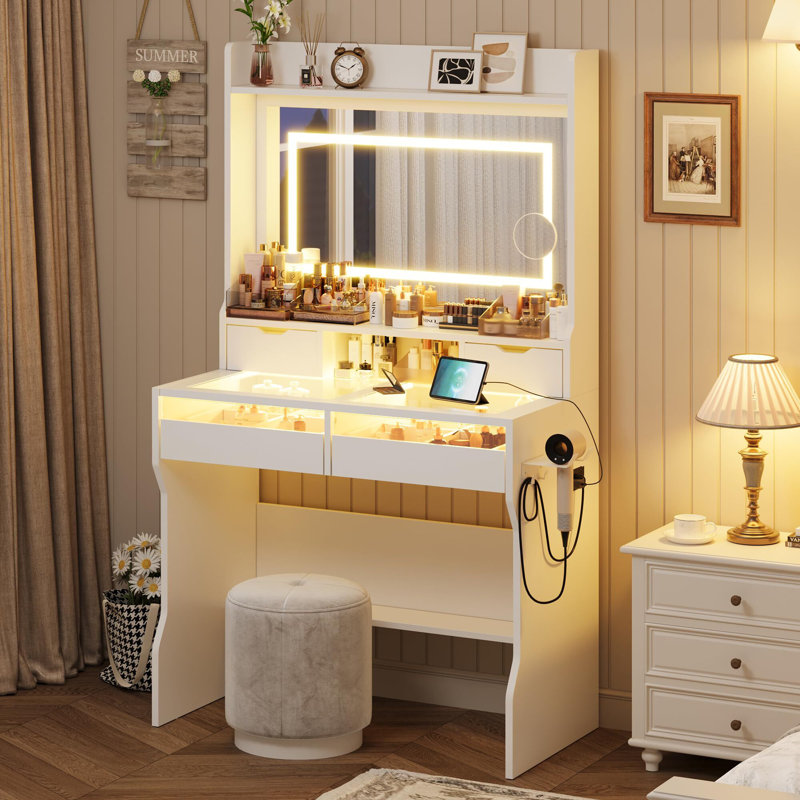 Bureau de coiffeuse avec miroir et lumières, Noir, noir, noir, noir