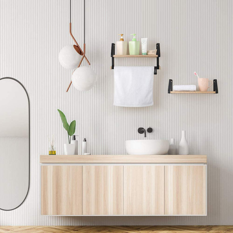 Tablette flottante en bois massif 2 pièces avec barre à serviettes et crochets