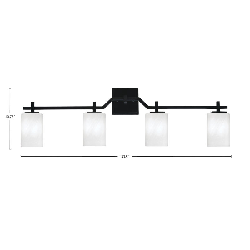 Barre de bain Headland illustré avec verre de marbre blanc de 4 po, H 10,75 po x l 33,5 po x P 5,25 po, Noir, Quatre lumières