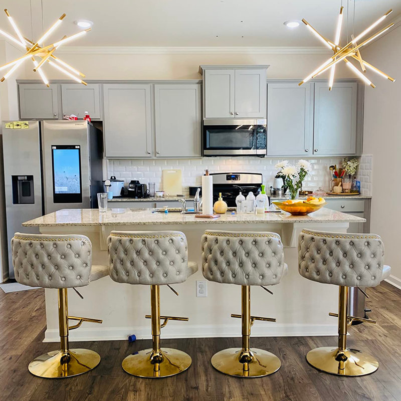Modern Swivel Adjustable Height Tufted Bars Stools Set of 6, Beige, Gold