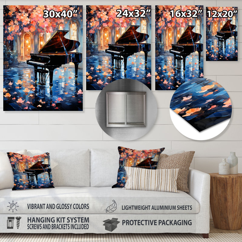 «Black Grand Piano Floral Symphony», art mural piano en métal, H 40 po x l 30 po x P 1,5 po