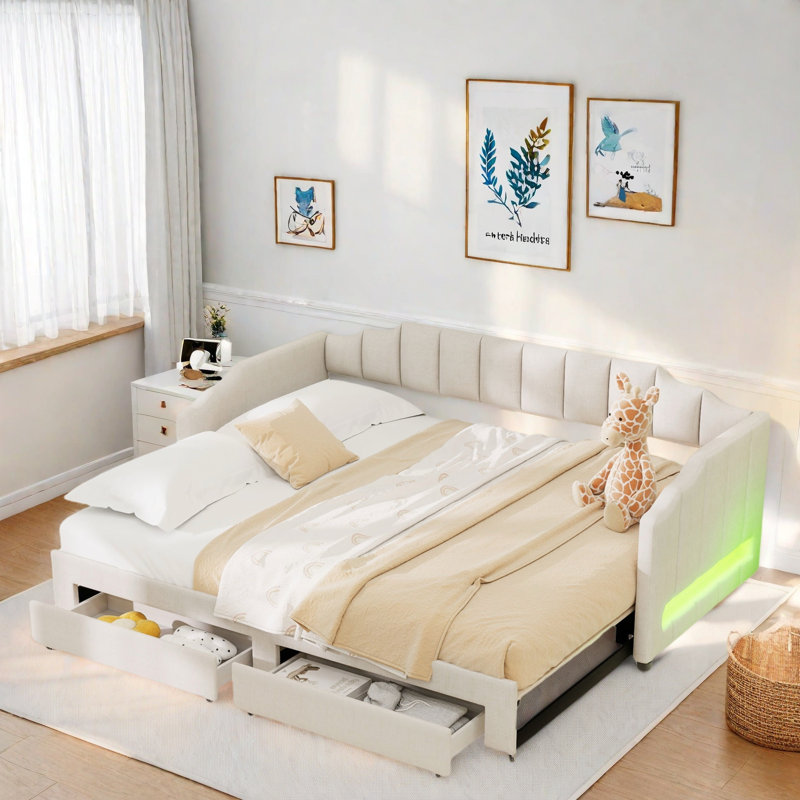 Extendable Upholstered Daybed With 2 Storage Drawers And Led Light, Beige