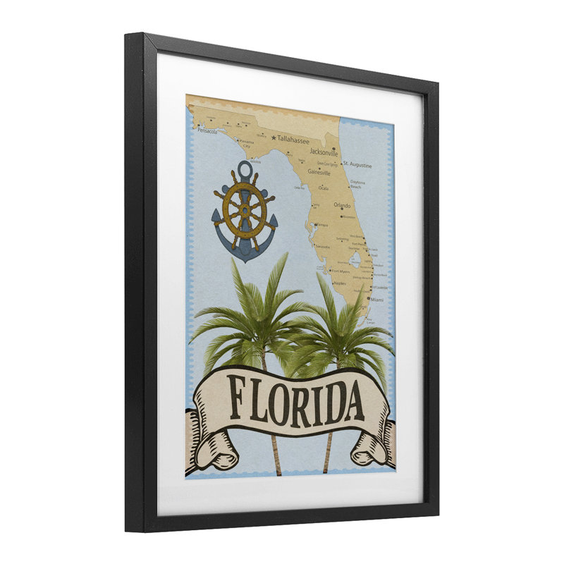 «Florida Map Palm Trees», reproduction encadrée sous verre, conception de Marcus Prime, Cadre noir minuit, H 16 po x l 13 po