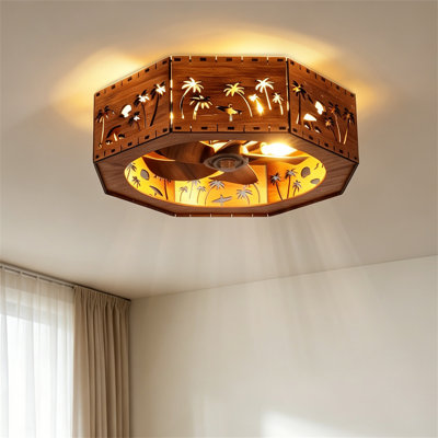 Ventilateur de plafond octogonal encastré à 4 lumières avec éclairage intégré, design discret avec découpe en bois en forme de palmier, moteur silencieux réversible à 5 pales, 6 vitesses, télécommande, culot E26, 110 V, idéal pour une chambre ou une maison de plage.