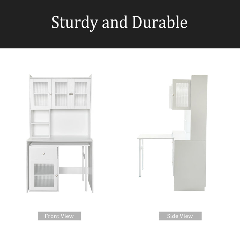 Bureau d'ordinateur avec porte en verre pour bureau à domicile ou bureau d'étude, bibliothèque et huche, bureau d'ordinateur avec bureau rotatif à 90 degrés, grand espace de travail