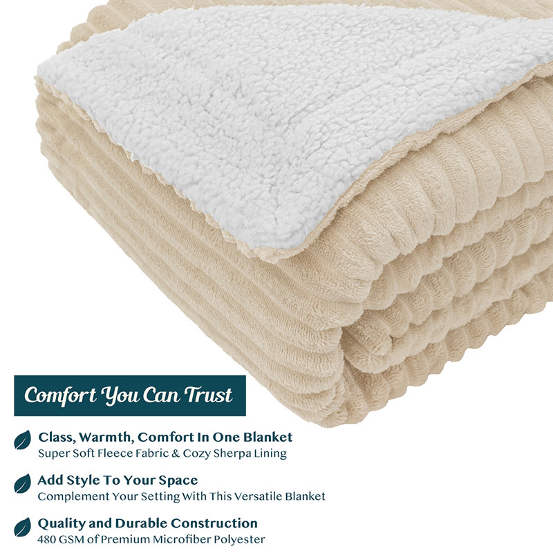 Cream Beige Reversible Sherpa Fleece Throw Blanket