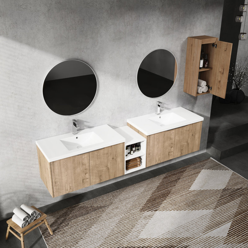 Meuble-lavabo moderne 84 po avec lavabo et armoire latérale - charnières de porte à fermeture en douceur pour une expérience de bain en douceur