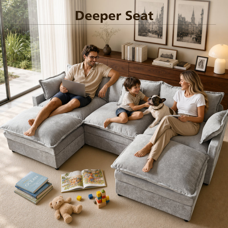 107.87'' W U-Shaped Sectional Sofa with 2 Ottomans, Gray
