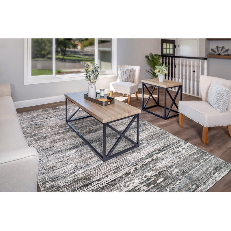 Tapis abstrait gris / beige / bleu, Rectangle 9 pi x 12 pi
