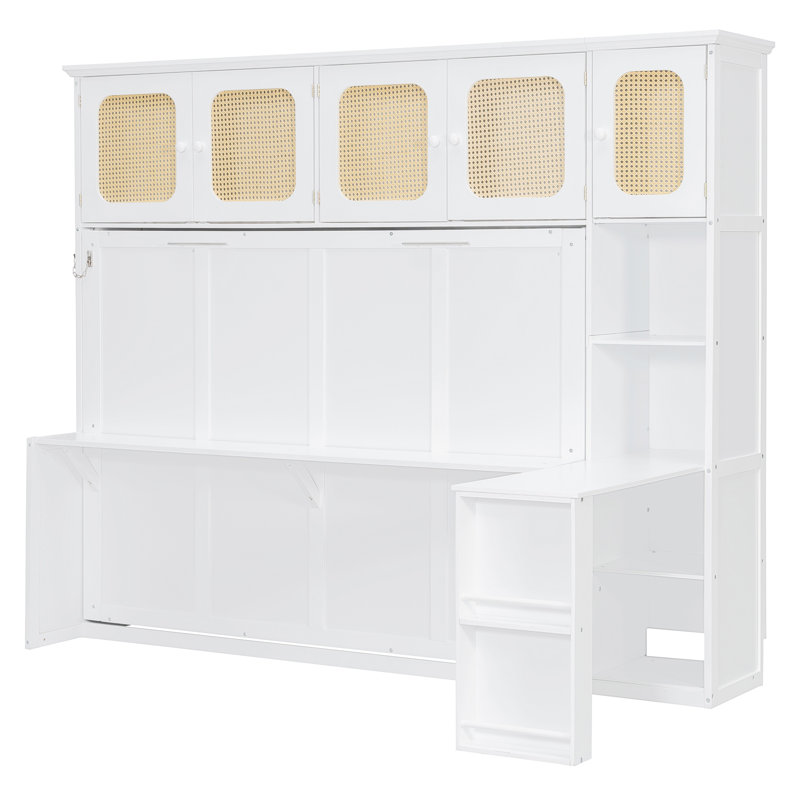 Lit escamotable avec bureau et armoires en rotin, lit mural peu encombrant pour bureau à domicile, White