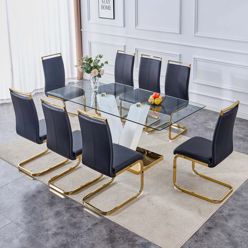 Table et chaises Ensemble de salle à manger en verre trempé transparent de luxe subtil, 9