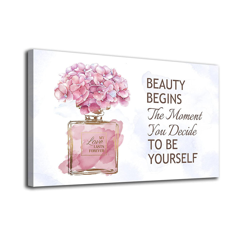 Fashioner Perfume Canvas Wall Art Bottle Pink Flower Canvas Pictures Inspirational Words Canvas Prints Motivational Quetos Wall Decor For Bathroom Bedroom Powder Room