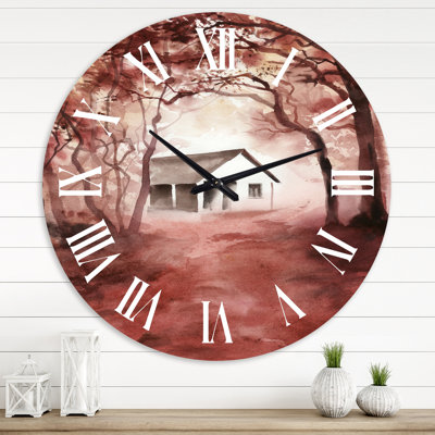 House In Red Autumn Woods - Cabin & Lodge wall clock