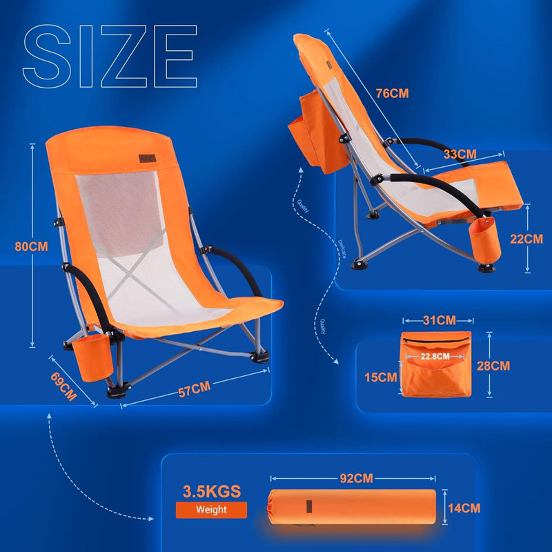 Chaise de plage à haut dossier avec glacière, porte-gobelet, sac de transport, pour l'extérieur (ensemble de 2), Orange