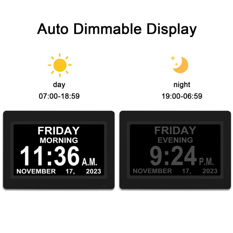 7-inch Calendar Clock with 12 Alarms, Auto Dimmable Display, Large Vision Impaired Digital Clock, Black