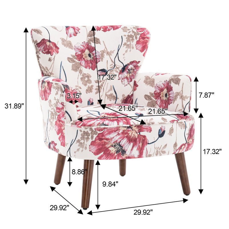 Upholstered Mid Century Modern Floral Accent Armchair with Solid Wood Legs, Red