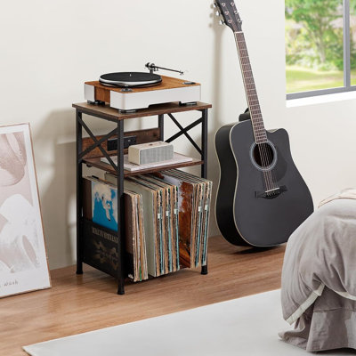 Record Player Stand With Charging Station, Turntable Stand With Storage Cabinet, 3 Tier End Table Hold Up To 100 Albums, Record Table For Vinyl, Living Room, Rustic Brown