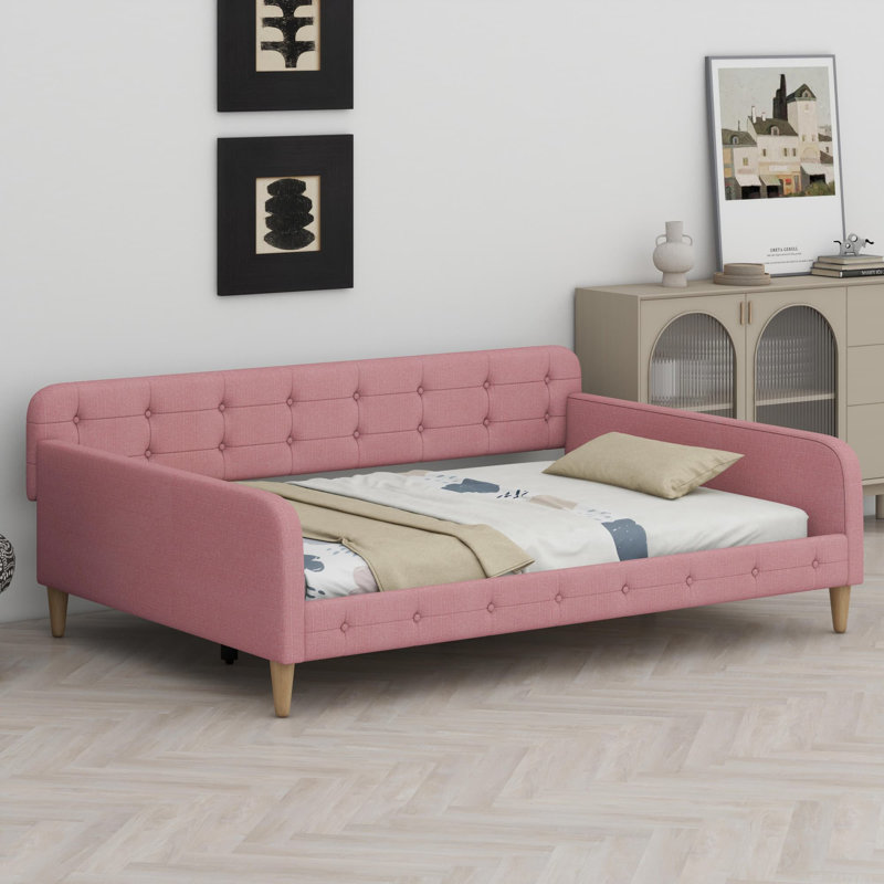 Upholstered Daybed With 4 Support Legs, Pink