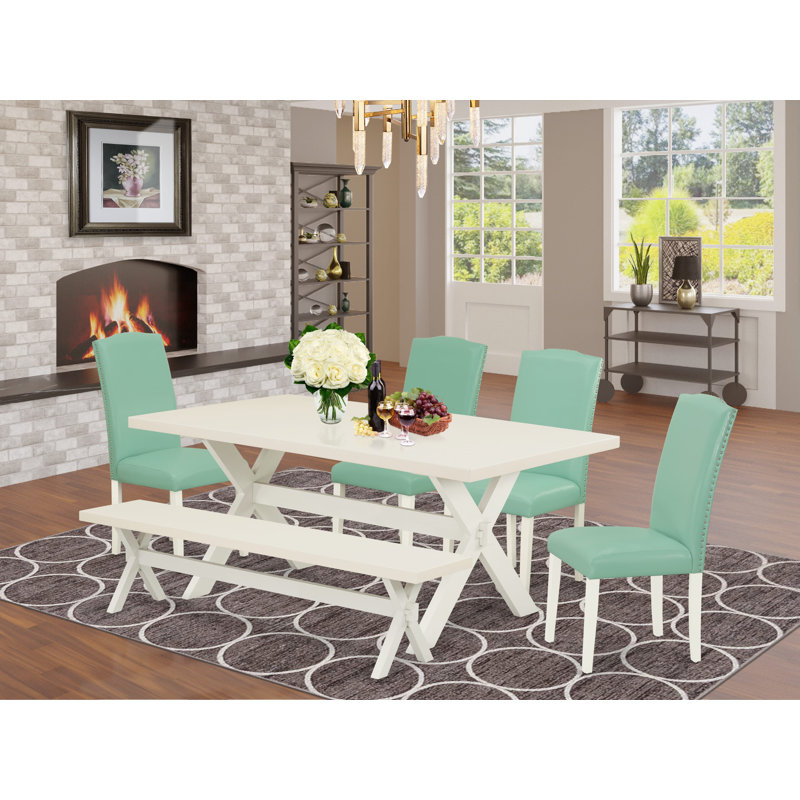 L'ensemble de table de cuisine 6 pièces comprend une table de salle à manger rectangulaire avec des pieds en X et 4 chaises Parson en tissu de lin Shitake foncé avec un banc