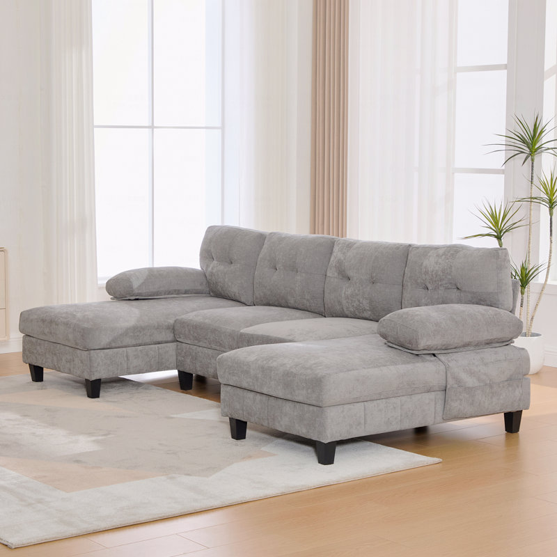 Basic Sectional Sofa, U-Shaped  Sofa 103.5" Chenille Fabric Couch With Dual Chaise Lounges, Storage Pockets And Armrest Throw Pillows