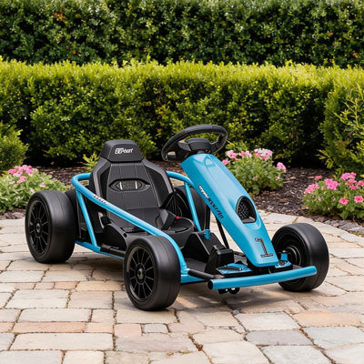 Kart électrique à une place avec 2 vitesses, moteur 24 V, cadre en acier bleu foncé, 8 à 12 ans