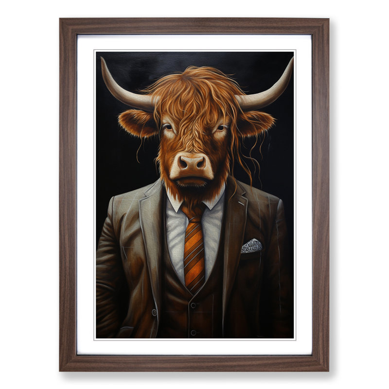 Highland Cow In A Suit Painting No.2 - Single Picture Frame Print on Wood, Walnut Framed, 64cm H x 46cm W x 2cm D