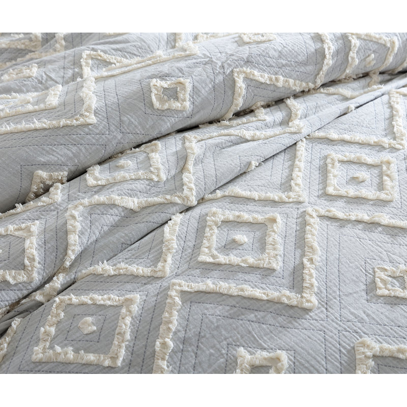 Rukai 100% Cotton Diamond Clip Jacquard 3D Fringe Texture 5-Piece Comforter Set, Light Grey