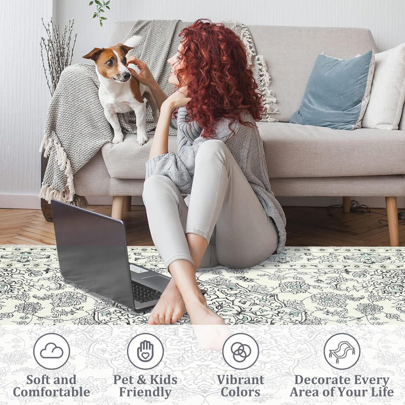 Washable Vintage Area Rug - Non-Slip Low Pile Carpet for Living Room, Bedroom & Dining Room, Water Repellent Design