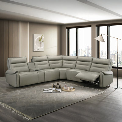 Jayke Power Motion Reclining Sectional Sofa With Top Grain Leather Match Upholstery & Plush Seating – Light Gray