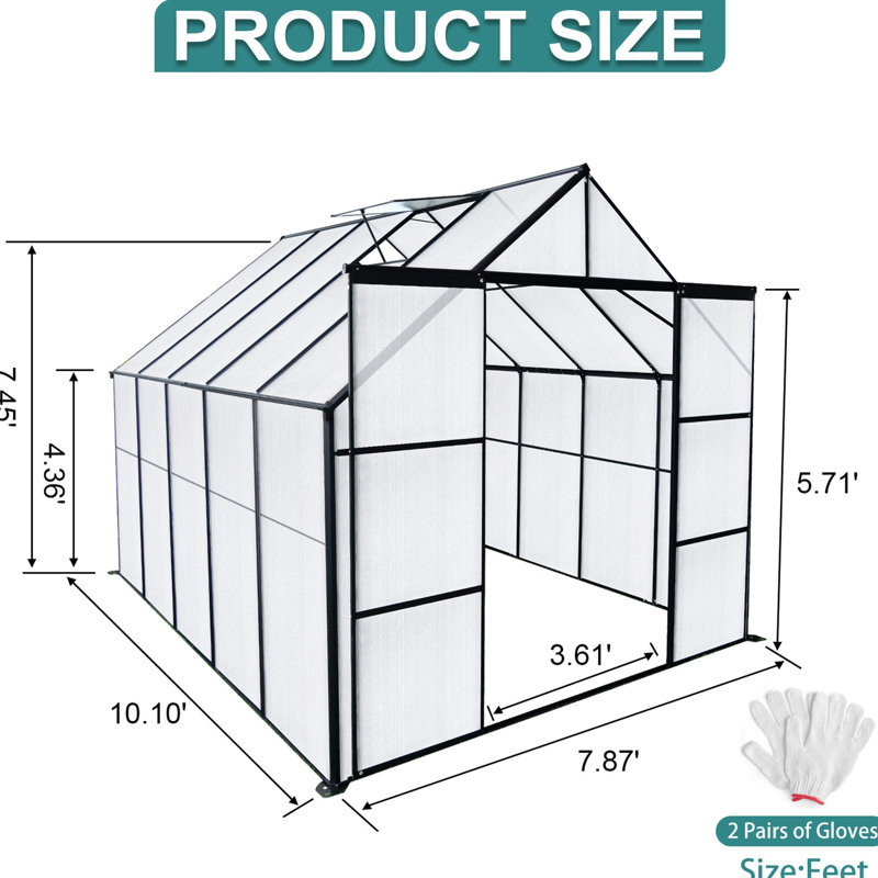 Serre en aluminium de 8 x 10 pi avec performance durable, panneaux isolants noirs, H 90,96 po x l 92,23 po x P 121,6 po