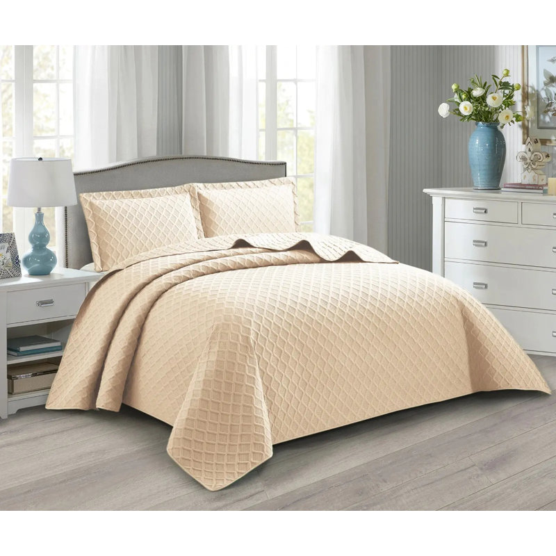 Polyester Solid Colour Bedspread with Pillow Shams Included, Beige, Double Bedspread + 2 Standard Pillowcases
