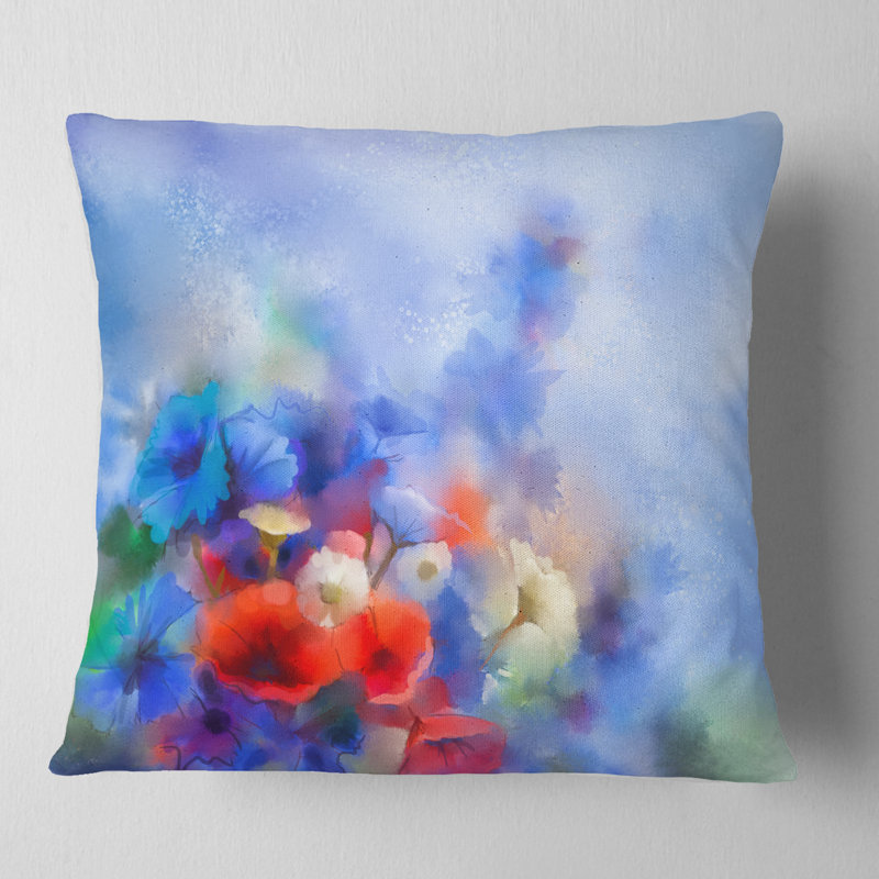 Coussin décoratif à fleurs bleues et coquelicots bleus