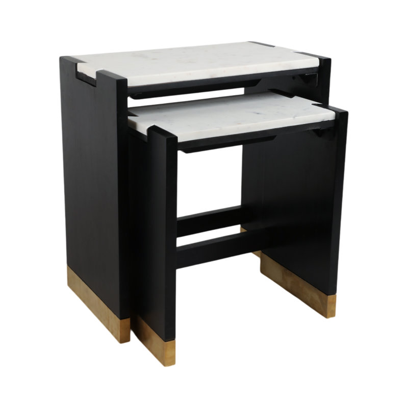 Stone And Acacia Wood Accent Tables With Travertine Top, Set Of 2