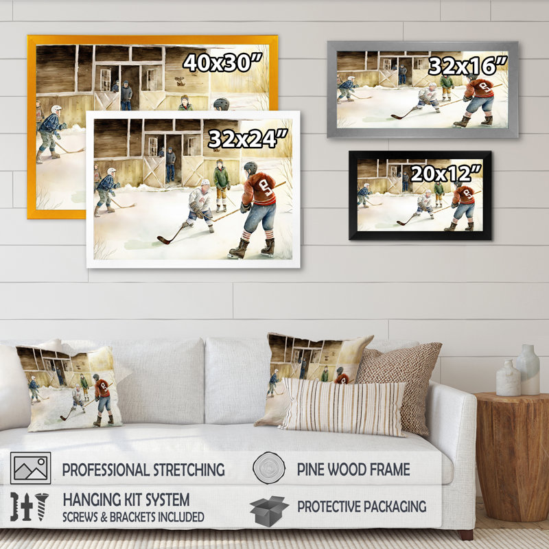 Enfants jouant au hockey sur la patinoire II - Impression sur toile, H 12 po x l 20 po x P 1 po