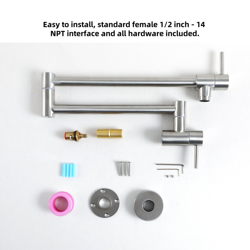 Robinet de cuisine mural, rétractable et pliable avec poignée simple à double trou, Nickel brossé