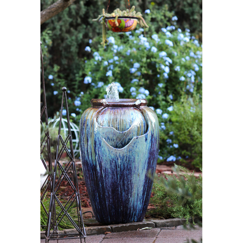 PLANTATOREM 32 inch Tall Tea Garden Outdoor Water Fountain - Self-Contained Ceramic Waterfall for Outdoor Garden, Patio, and Yard Decor (Red Copper on Violet) (21.0" D x 32.0" H)