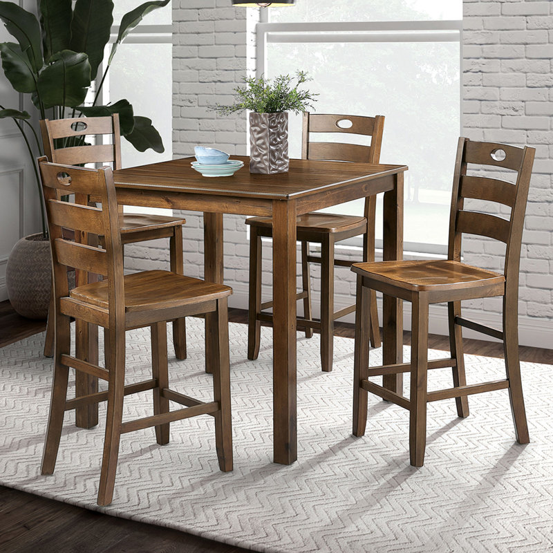 5 Piece Square Counter Height Dining Set With Slat Back Chair In Walnut