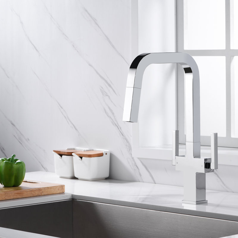 Pull Down Double Handle Kitchen Faucet, Gold