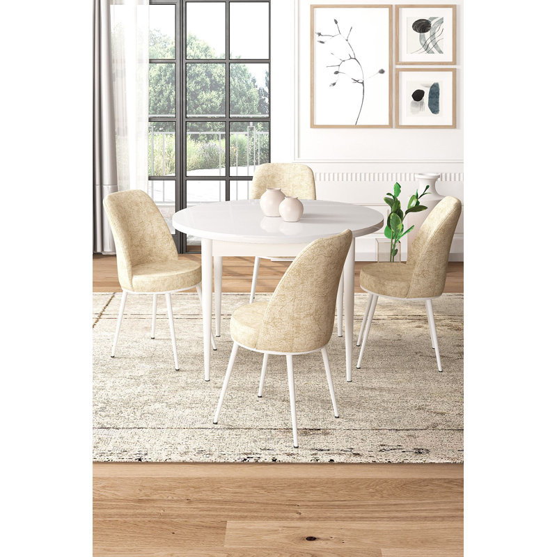 Ensemble de table et chaises de salle à manger moderne 5 pièces, blanc et fumée | Table en carton 100% enduit de mélamine, table: 35,4 po x 29,5 po x 35,4 po | Chaises: 17,7 po x 35,8 po x 16,5 po | Pieds en métal, mousse confortable à 22 et 28 bandes, décoration élégante