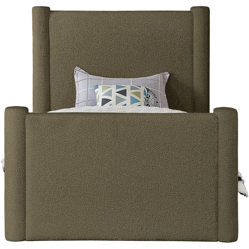 Elias Upholstered Platform Bed, Twin, Olive Green Boucle Fabric