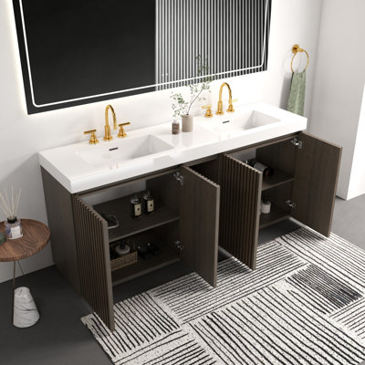 Meuble-lavabo sur pied en chêne fumé 72 po GALAN avec lavabo, grand meuble-lavabo autoportant avec rangement pour salle de bain moderne, lavabo à une pièce en quartz blanc sans drain ni robinet, LTL