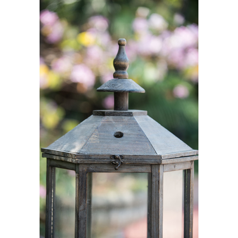 Set of 2 Polygon Garden Lanterns, Weathered Wood and Glass Decorative Candle Holder for Indoor and Covered Outdoor