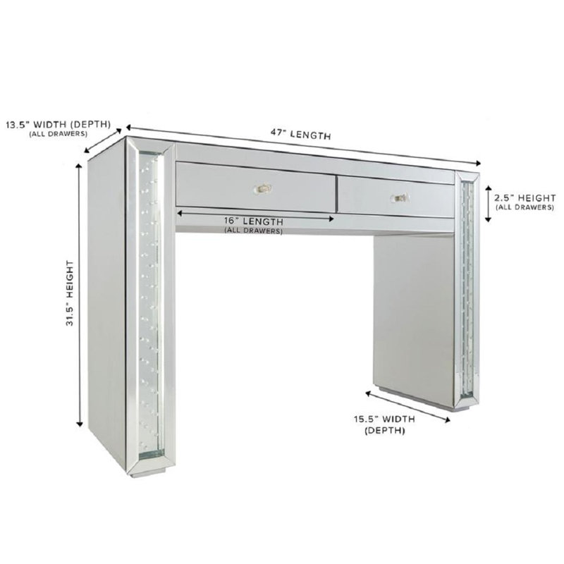 Coiffeuse en miroir Emma avec deux tiroirs, bureau de maquillage de qualité supérieure avec plateau en verre et boutons en cristal de luxe