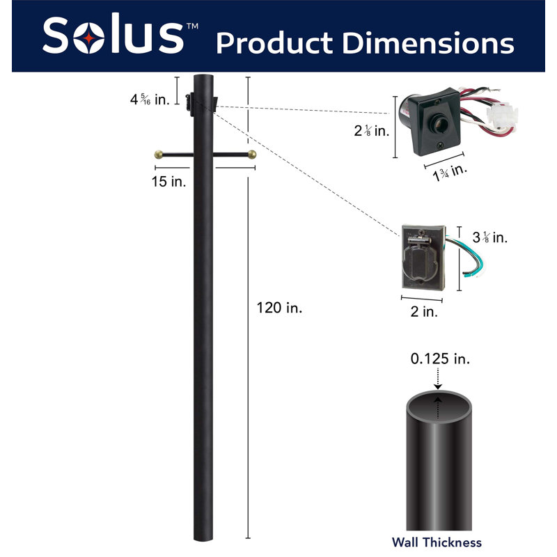 Solus 7, 8, or 10 ft. Direct Burial Lamp Post with Decorative Cross Arm, Convenience Outlet, and Dusk-to-Dawn Photocell Sensor