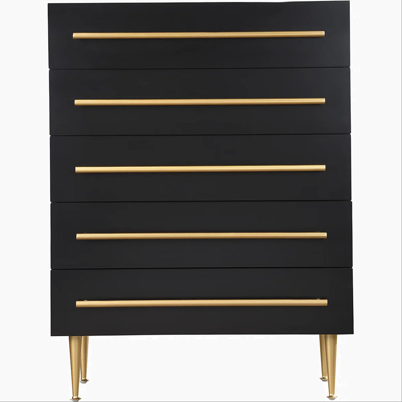 Commode contemporaine à 5 tiroirs avec détails dorés, commode 1 pièce pour chambre à coucher, unité de rangement en bois, noir