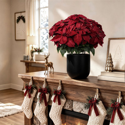 Arrangement de faux poinsettias en pot de fleurs noir, ensemble de 2 plantes de Noël artificielles pour la décoration intérieure et extérieure des Fêtes