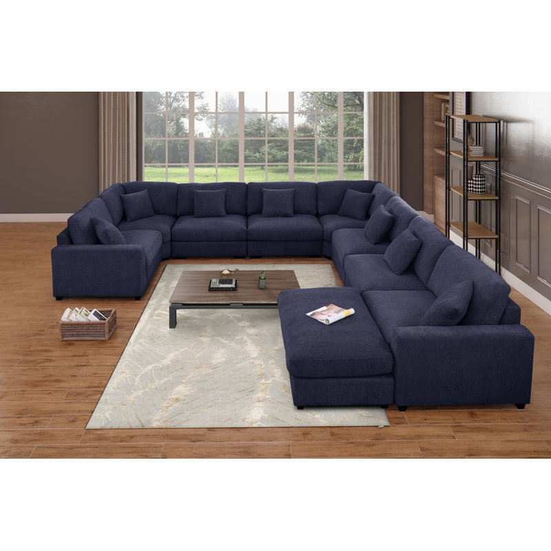 Chenille Modular 12-piece Oversized Reversible Corner Sectional, Blue Polyester