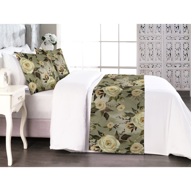 Ambesonne Flowers Vintage Bed Runner Set Eucalyptus Pattern Pistachio Green Off White, King