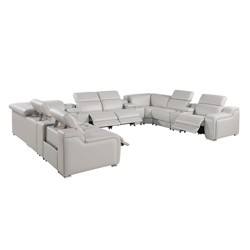 Canapé modulaire en U inclinable en cuir italien clair de 12 pièces avec console