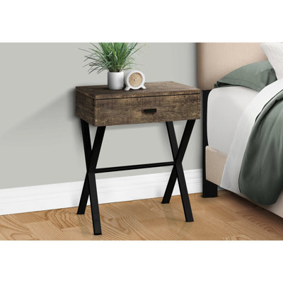 Table d'appoint moderne avec surface en stratifié brun et base en métal noir, convenant à un compartiment de rangement pour la chambre à coucher